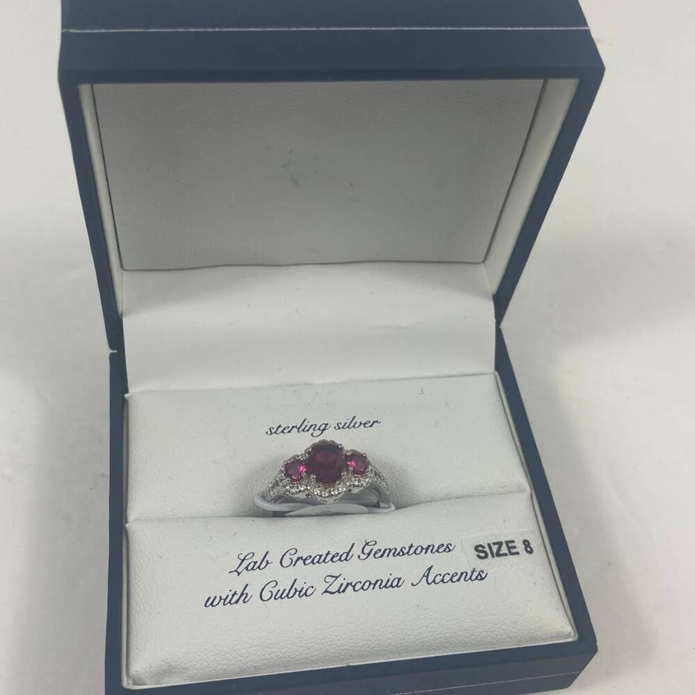 NWT Olivia and Jackson Sterling Silver Lab Gem Ring Red 3 stone size 8